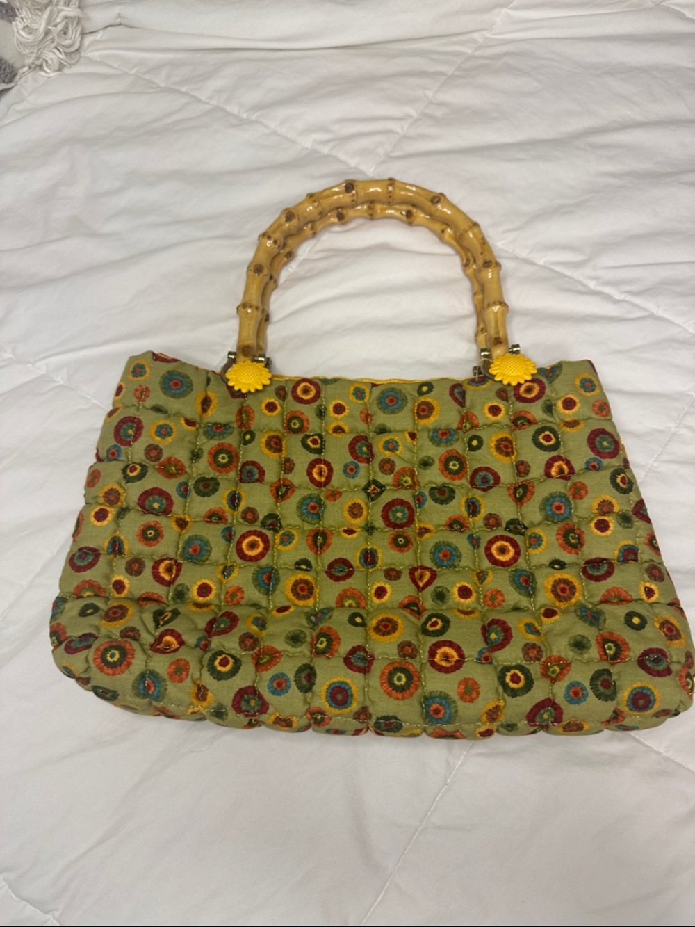 Hand Crafted Green Embroidered Bamboo-Handle Tote